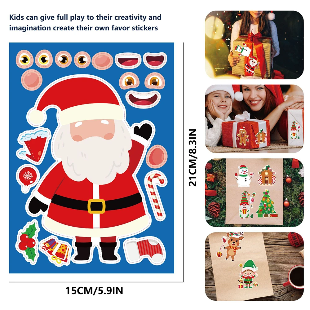 8/16Sheets Merry Christmas Make a Face Puzzle Stickers DIY Decoration Kids Party Gifts Cartoon Jigsaw Assemble Games Boys Girls