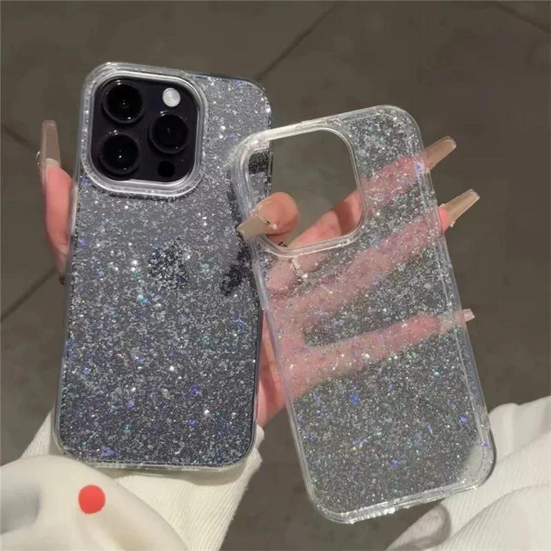 Silberfolie Klare Puder-Pailletten Glitzer Handyhülle für iPhone 17 16 15 14 13 12 11 Pro Max Plus Air Modische Bling Funkelnde Schutzhülle
