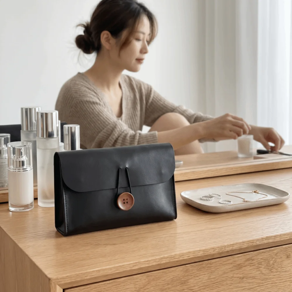 Multi-purpose Envelope Shape Cosmetic Bag Button Closure Faux Leather USB Data Cable Mouse Organizer Waterproof Lightweight