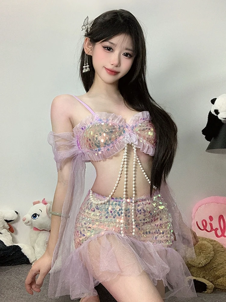 Sweet Sexy Mermaid Princess Role Play Sequin Mesh Top And Skirt Uniform Three Piece Set Women's Fashion Spring Collection
