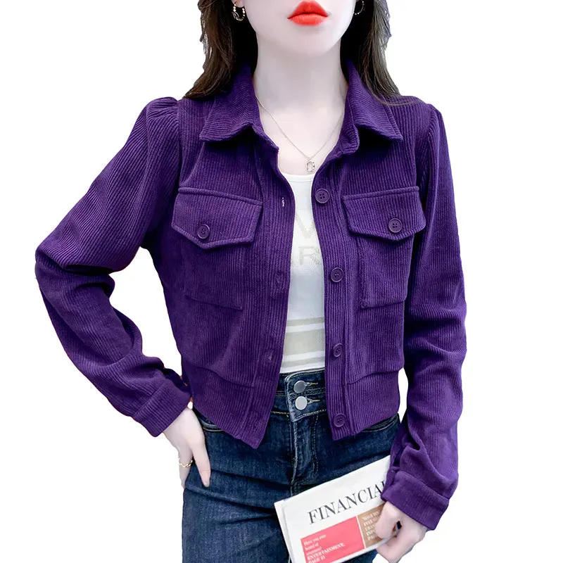 Fashion Design Sense Purple Corduroy Short Coat Top Women's 2024 Autumn New Versatile Single Breasted Casual Shirt Jacket