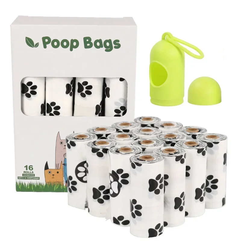 Bolsas para excrementos de perro 100% compostables con estampado de pata blanca, rollos de repuesto para bolsas de basura a base de vegetales respetuosos con la tierra para dispensador