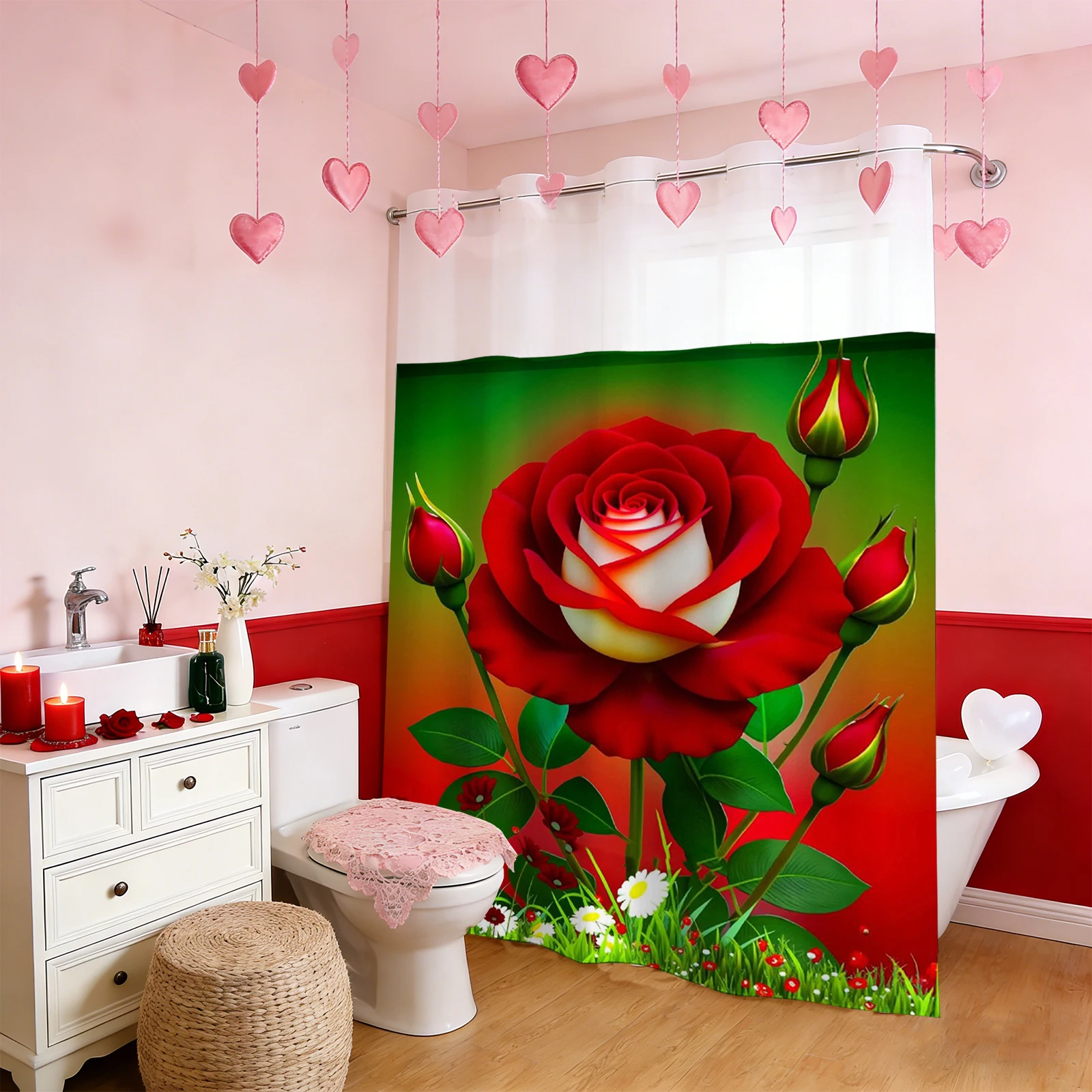 

Занавеска для душа Red Rove без крючка на день Святого Валентина с тканевой подкладкой, прозрачное верхнее окно, двухслойная занавеска для ванны