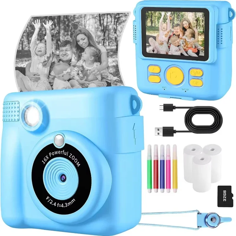 Instant Print Camera for Kids, 2.4 inch LCD screen Kids Camera for 6-12 Year, 32MP HD 1080P Digital Camera Free a shipping