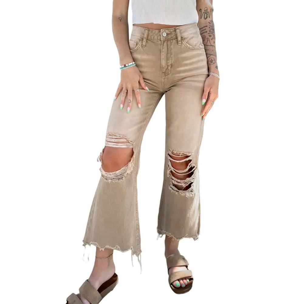 

Women Denim Jeans Vintage High Waist Ripped Flared Jeans with Patch Pockets Distressed Denim for Autumn ropa de mujer