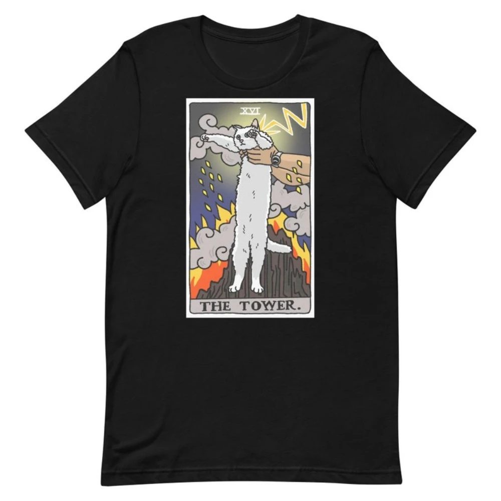 The Original Cat Meme The Tower Tarot Shirt Funny Tower Long Cat Meme Witchy Clothing Y2K Fashion Men Women Casual Streetwear