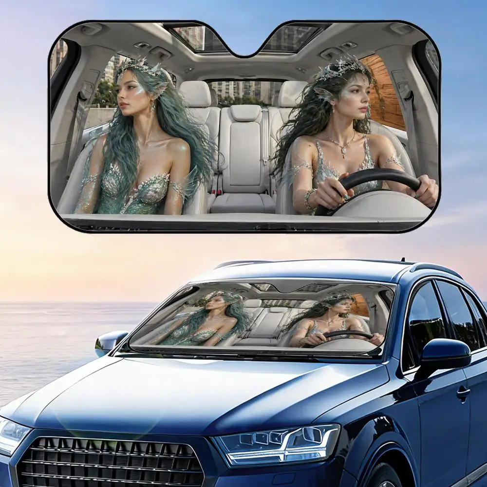 

Funny Siren Driving Sun Visor Foldable Universal Car Windshield Sun Shade UV Protection Heat Insulation Foldable Cover