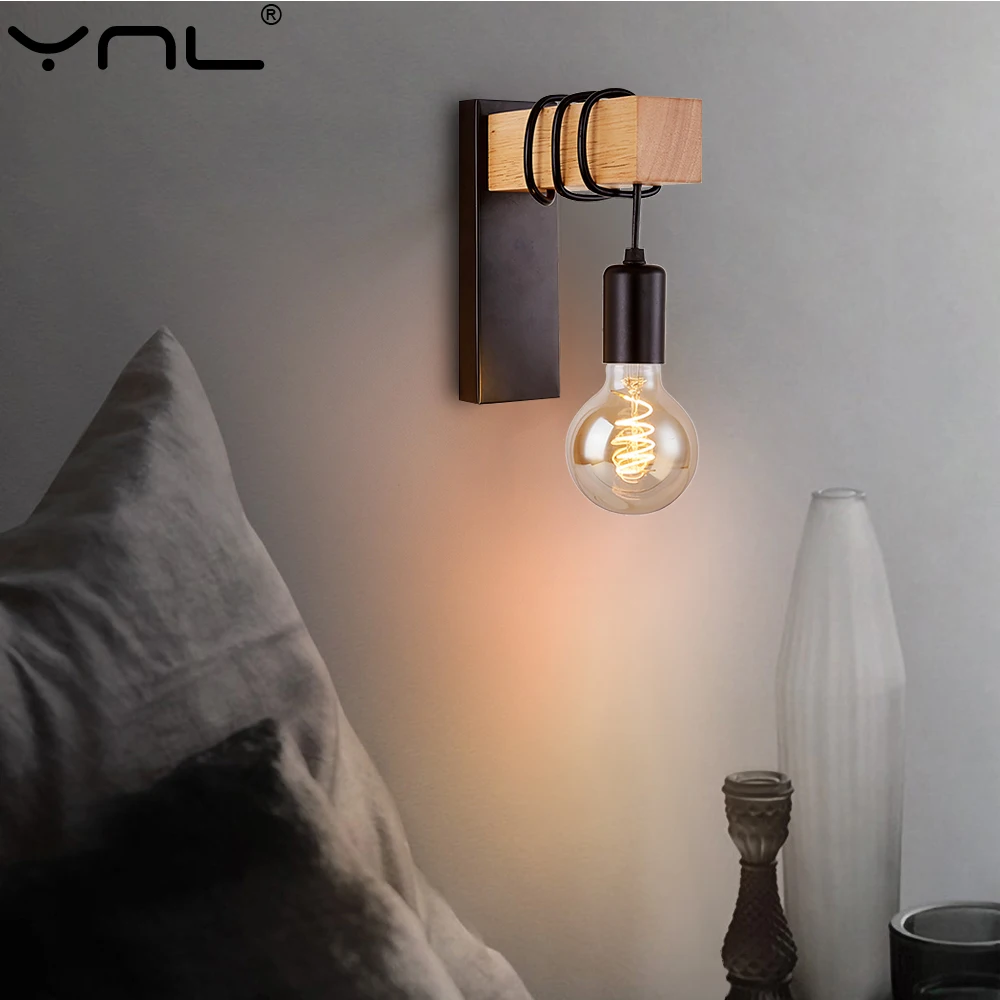 

Retro Iron Wood Wall Lamp E27 Modern Nordic Minimalist LED Indoor Sconce Fixture Retro Wall Lamps For Home Decora Bedside Light