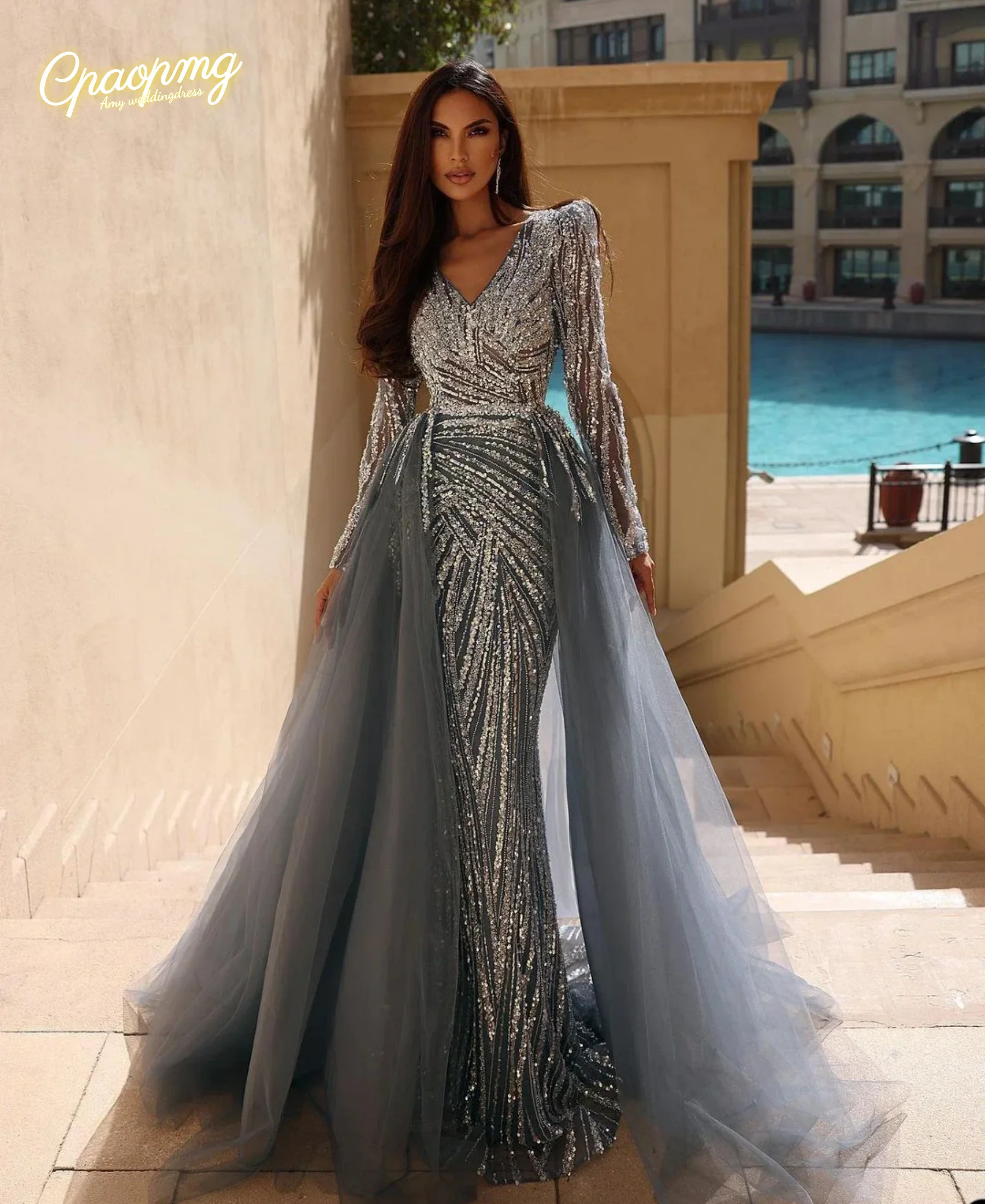 

Customized Fashion Prom Dress Shine Mermaid Evening Dress Detachable Train Sequined Bridal Gowns Floor-Length Robes فساتين