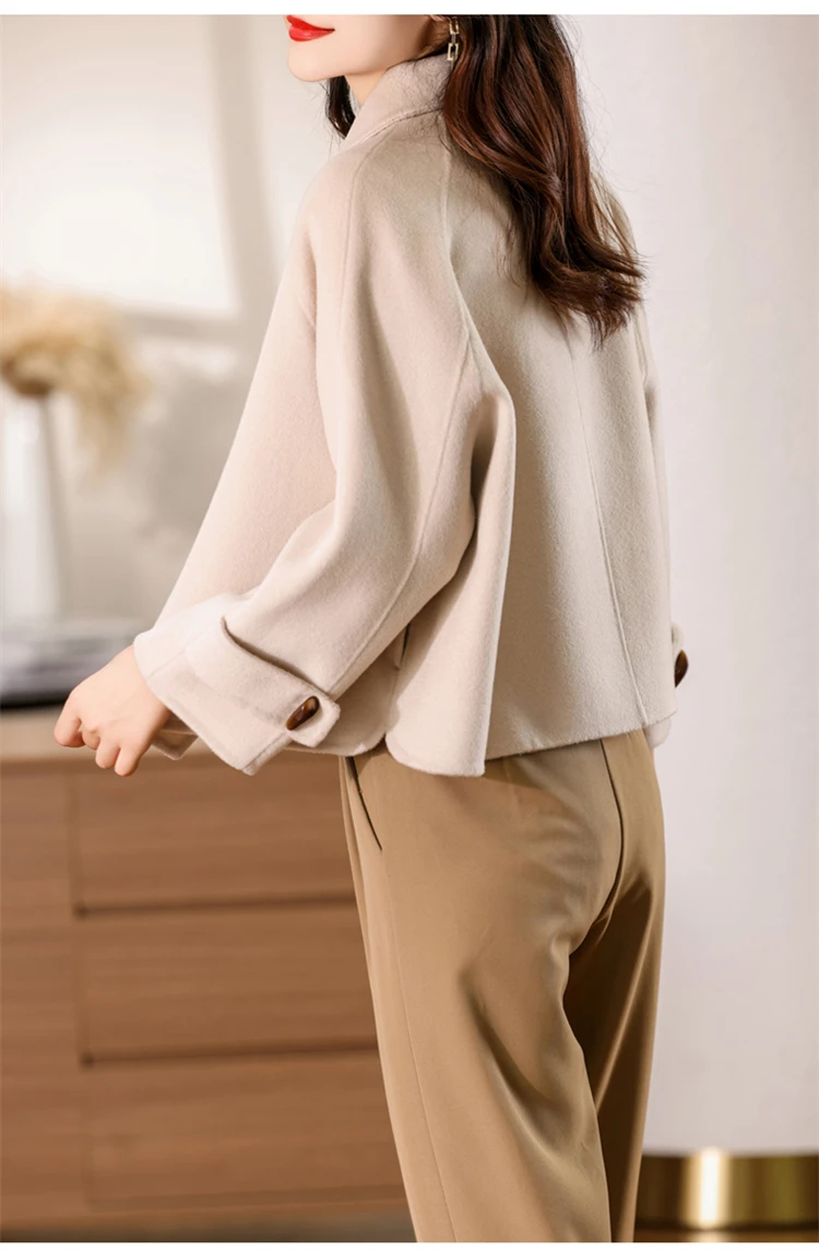 100% Merino Pure Wool Handmade Double-Sided Cloth Chic Coat Women's Short Oxhorn Button Heavy Coat High Street Elegant Top