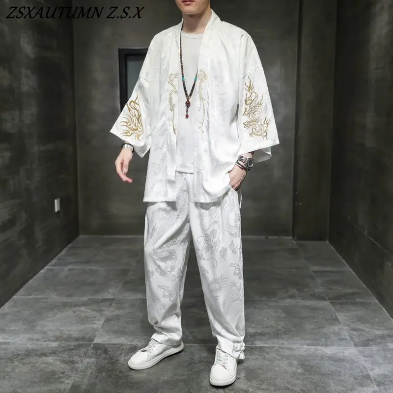 

Chinese Style Men's Summer Ice Silk Shirt Set Fashion Kung Fu Tang Suit Seven-point Sleeve Cardigan Hanfu Suit Vintage Tradition