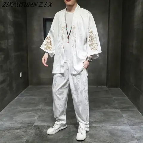 남성용 아이스 실크 셔츠 세트, 중국 스타일, 쿵푸 탕 정장, 7 점 소매 가디건, 한푸 정장, 빈티지 전통, 여름 패션