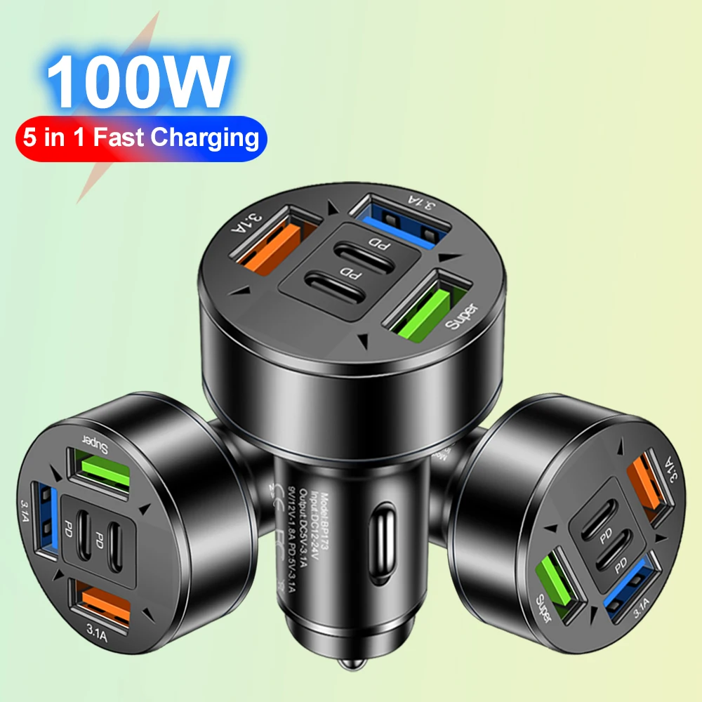 100W 3USB 2PD Autoladegerät Schnellladung PD QC3.0 USB C Autotelefon-Ladegerät Typ C Adapter im Auto für iPhone Samsung Huawei Xiaomi