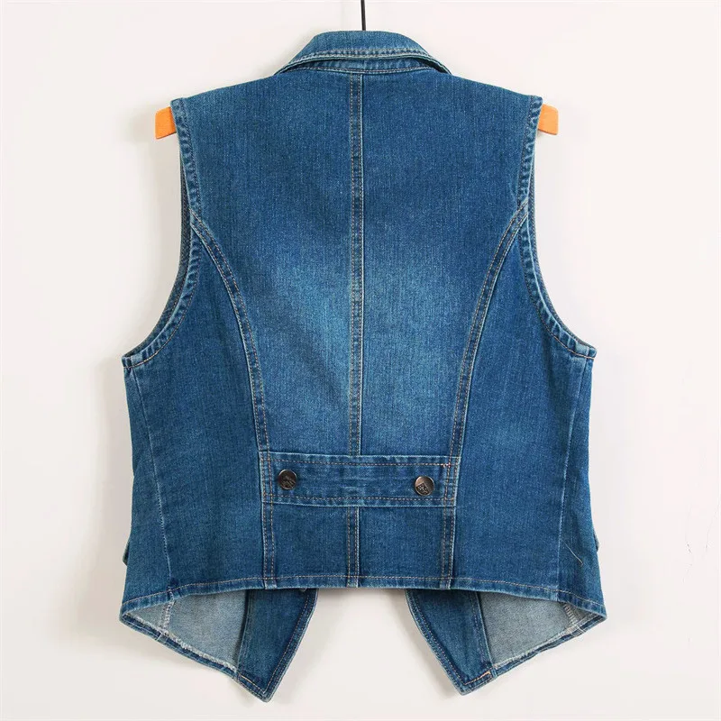 Women Denim Vest Jacket NEW Casual Korean Slim Tailored Collar Single Breasted Tops Spring Autumn Sleeveless Short Jeans Coat