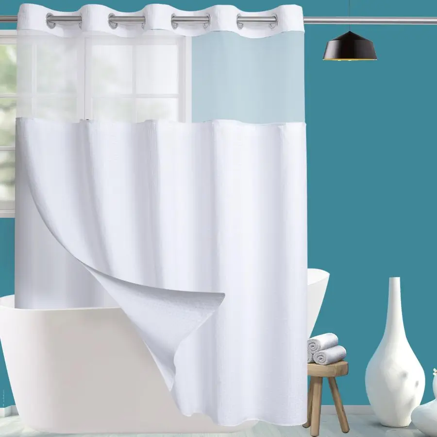 

Extra Long No Hook Waffle Weave Shower Curtain with Snap in Liner Set, Hotel Luxury White Shower Curtains for Bathroom with See