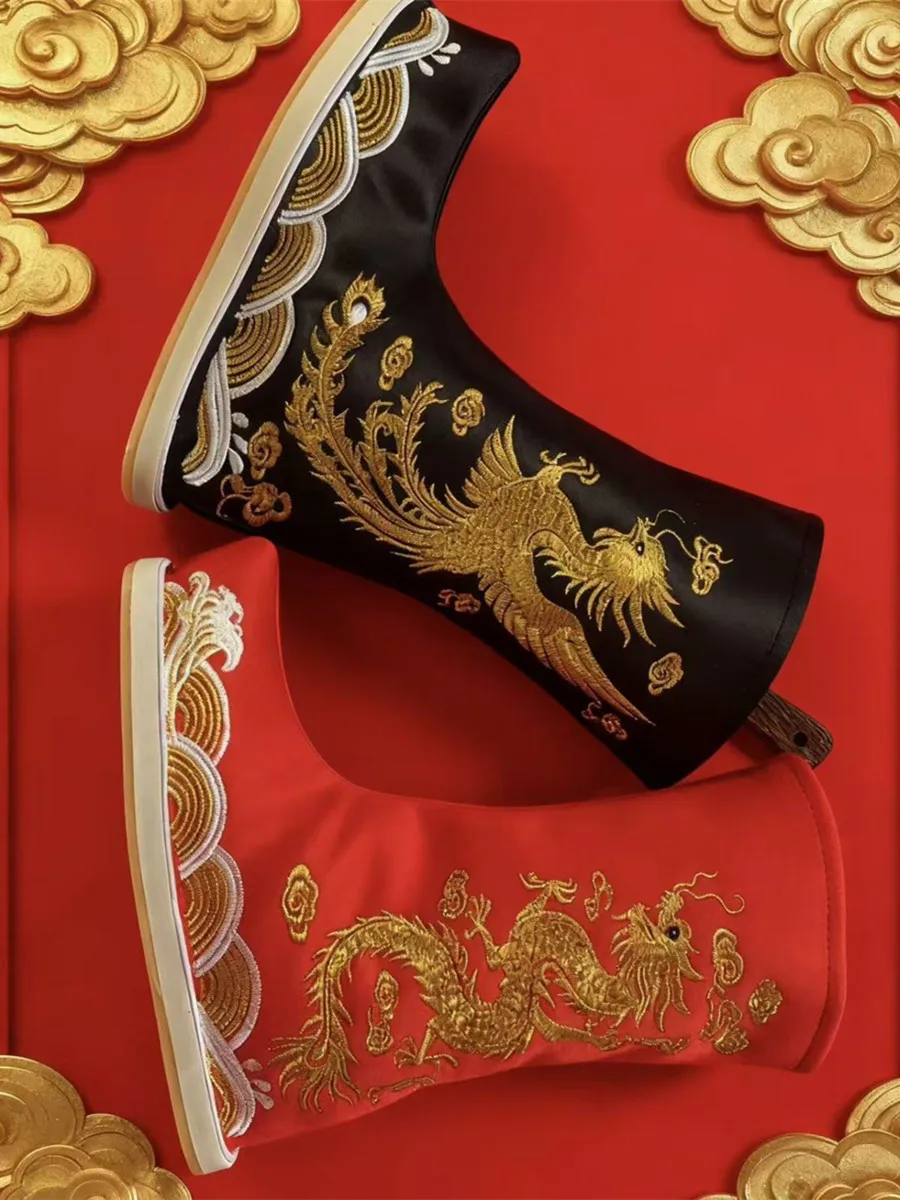 أحمر أسود خمر التنين الصيني فينيكس الأحذية للجنسين الرجعية Hanfu تأثيري اكسسوارات المحارب المبارز الإمبراطور الأحذية