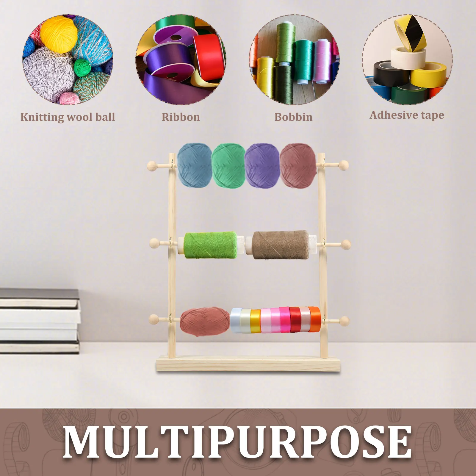 Ribbon Organizer 4 Tiers Wooden Ribbon Rack Storage Display Shelf Craft Ribbon Stand for Craft Room Flower Store Cake Shop