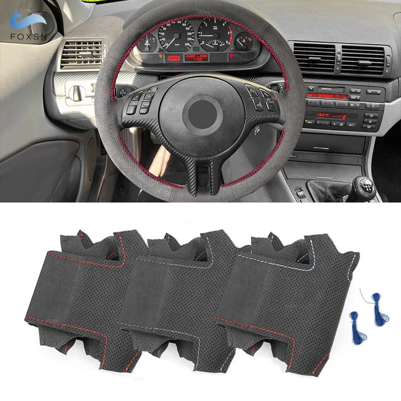 For BMW 3 5 Series E46 E39 X5 E53 2000 2001 2002 2003 Z3 E36 Hand Stitched Suede Leather Car Interior Steering Wheel Cover Trim