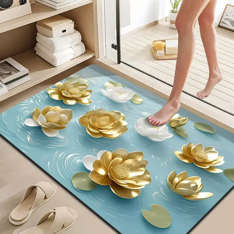Tapis de sol au design floral doré, surface douce au toucher, facile à nettoyer, pliable, bords scellés, pour maison moderne