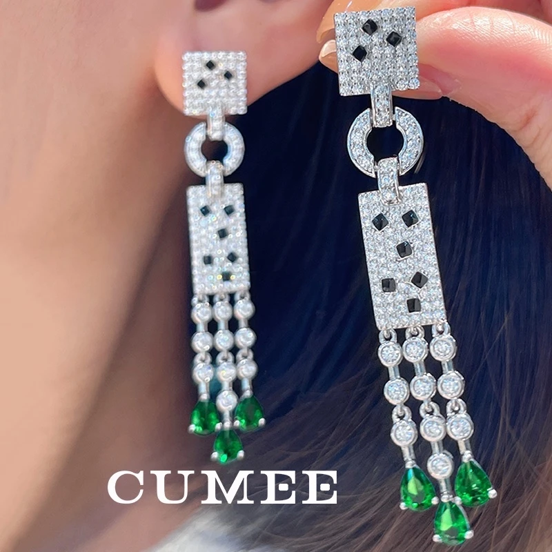 Cumee Luxury Fashion Cultivation Emerald Earrings for Women  Round Square Element 925 Silver Gold-plated