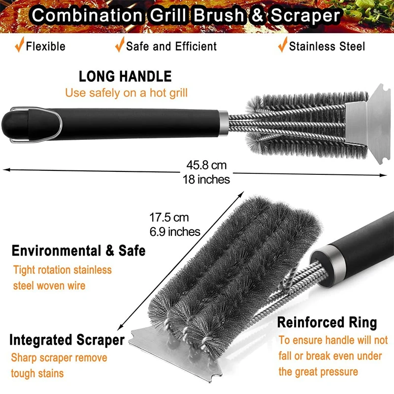 LMETJMA Safe Grill Brush and Scraper with Deluxe Handle 18 inch Grill Cleaner Brush Stainless Steel Bristle Grill Brush JT61