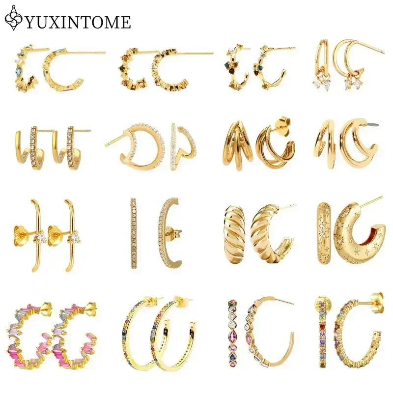 Women 925 Sterling Silver Ear Needle Big C Hoop Stud Earrings Exquisite Crystal Colored Zircon Gold Fashion Party Huggie Jewelry