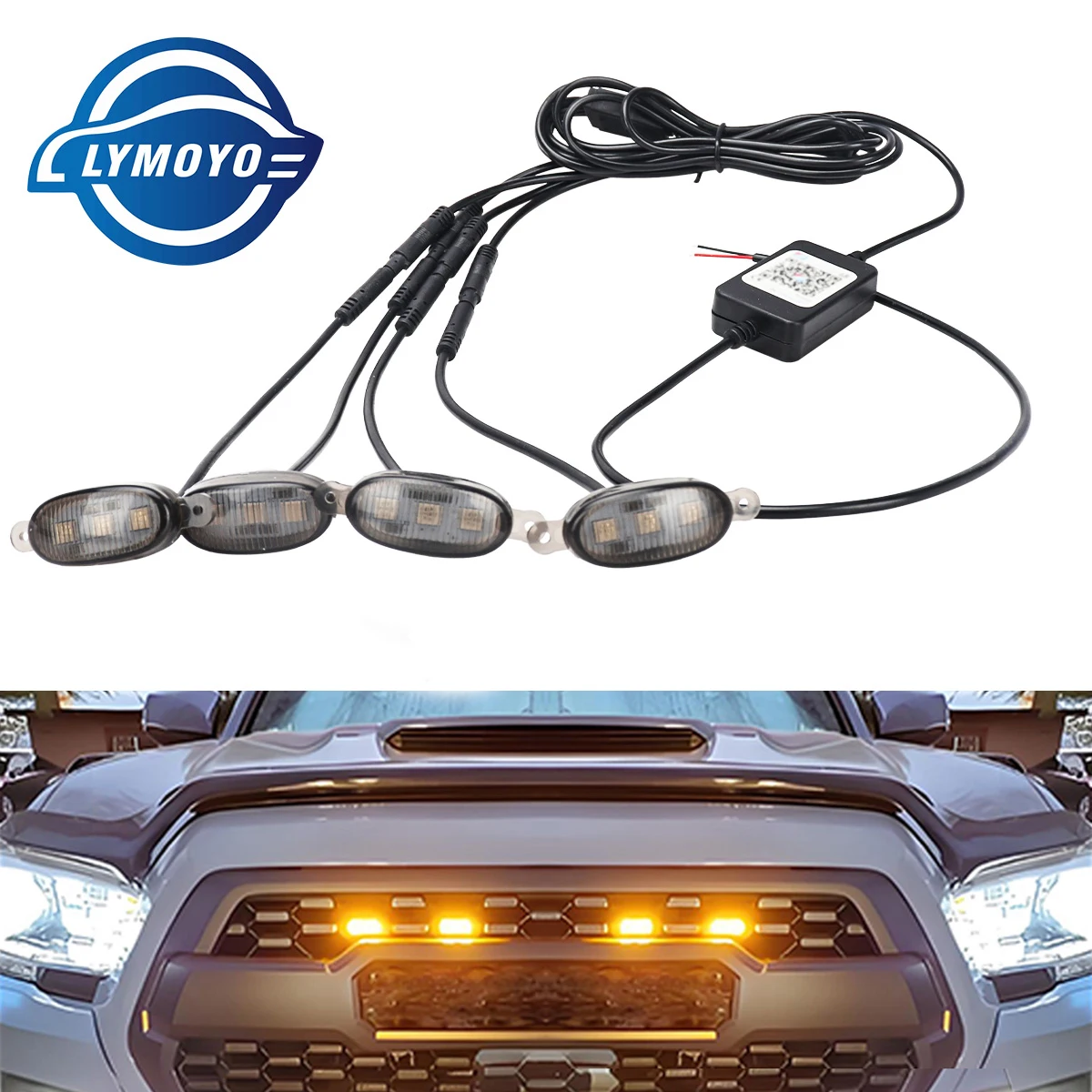 

4Pcs/Set Car LED Front Grille Light Smoked Shell RGB APP Control Anti Collision Warning Lamp Strobe Flashing Eagle Eye Lamp