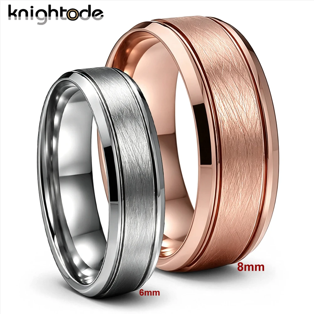 6mm/8mm Black Silvery Rose Gold Tungsten Carbide Wedding Bands Vintage Ring Grooved Beveled Edge Special Brushed Comfort Fit