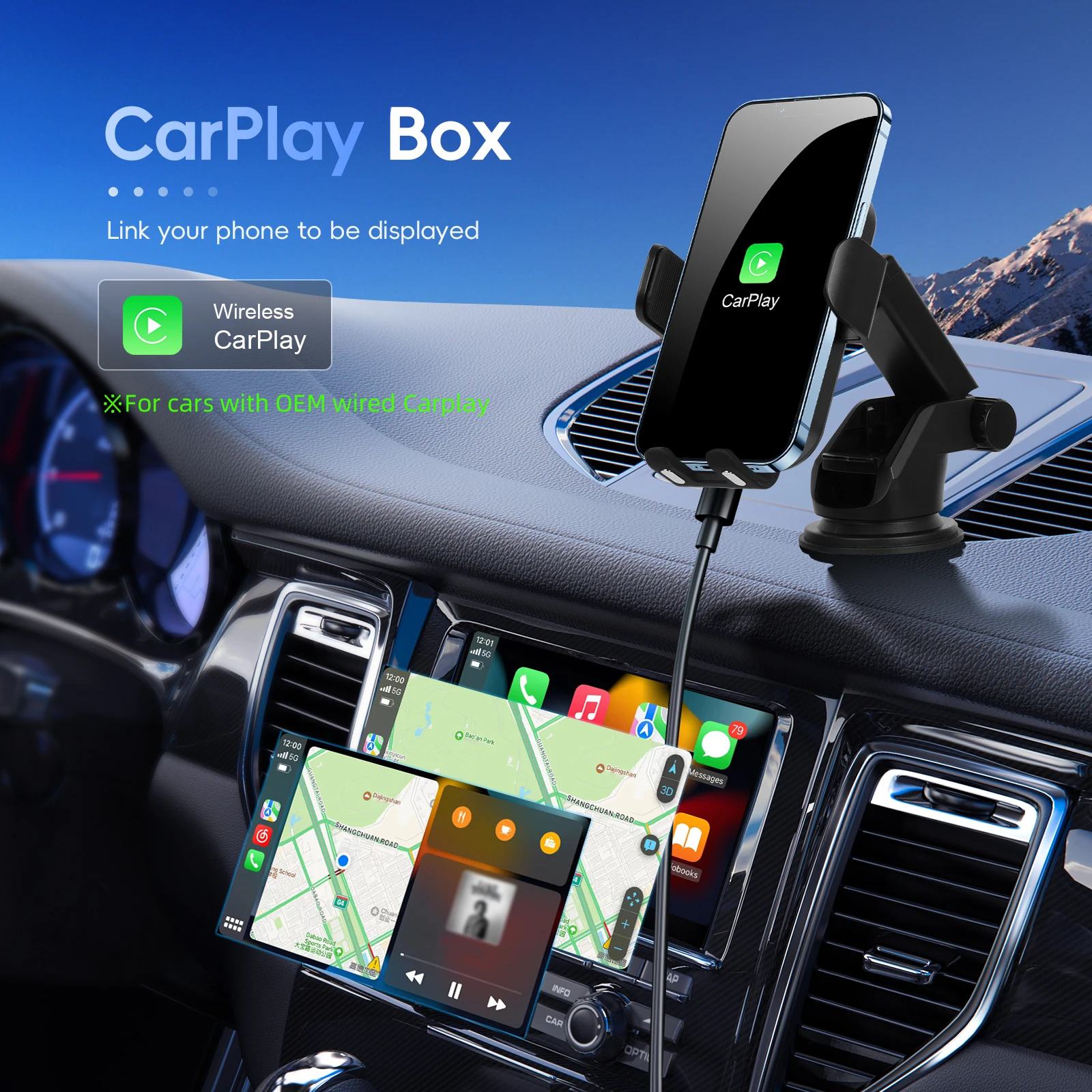 Podofo OEM Wired CarPlay to Wireless CarPlay Ai Box Support Wireless Carplay Android auto Electric Vehicle Cell Phone Holder