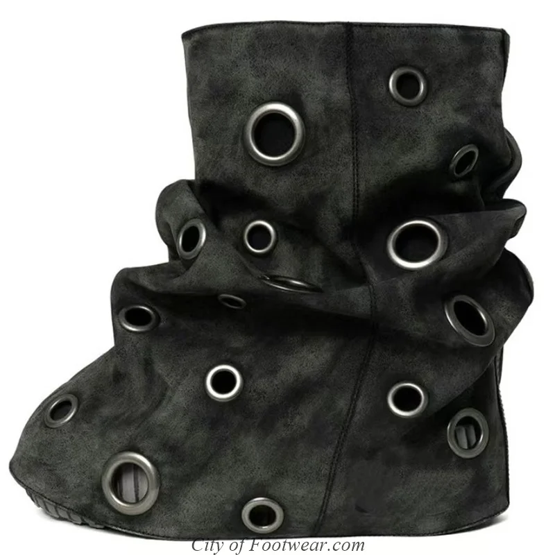 Women's Thick Sole Black/Brown Shark Boots Round Toe Suede Leather Mid Calf Boots Sweet Y2k Cool Luxury Designer Causal Shoes - view 2