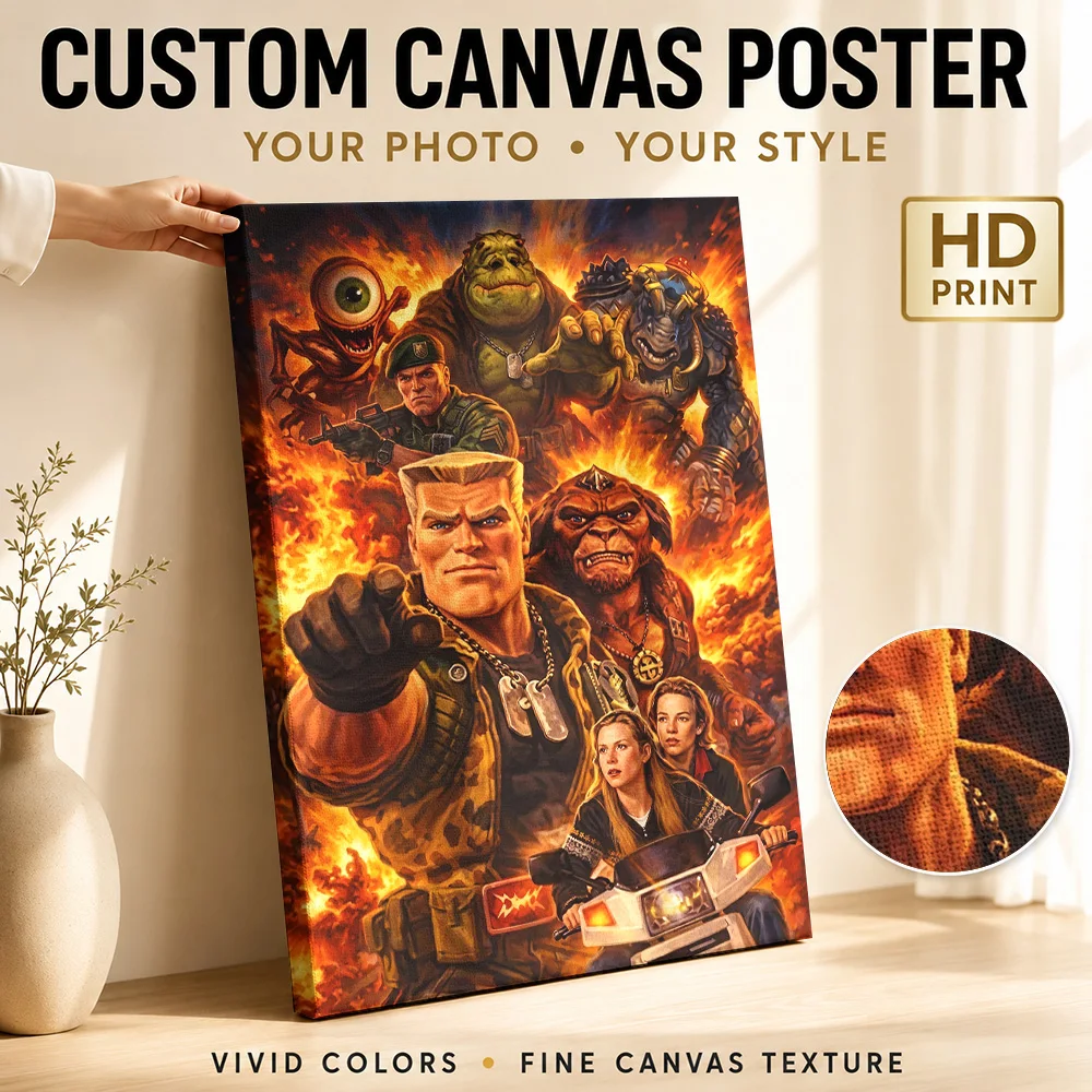 Duke Nukem Fighting Alien Invasion Canvas Print Customized Photo Action Illustration Wall Art For Gaming Room Game Lover Gift