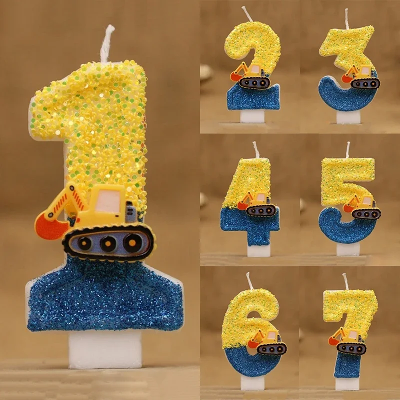 Zahlenkerzen zum 0–9 Geburtstag, niedliche Zahlenkerze, Mini-Bagger, digitale Kerzen, oberer Kuchen, Babyparty, Geburtstagsparty-Zubehör