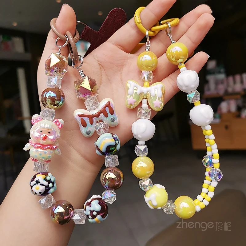 Short Pink Happy Bunny Pink Bear Bracelet Chocolate Candy Color Dopamine Girl Hand Wrist Hanging Clip Mobile PhoneCase Universal