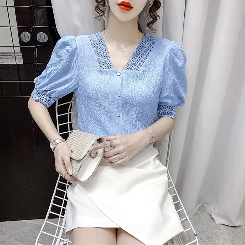 Sweet V-Neck Button Hollow Out Puff Sleeve Chiffon Shirts Female Clothing 2024 Summer New Loose All-match Tops Chic Blouses