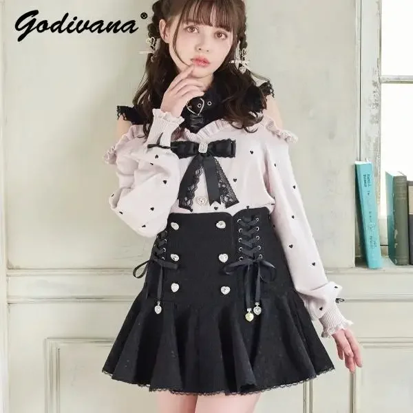 Japanese Style New Autumn and Winter Women's Sweet Off-the-shoulder Love Embroidery Girls Knitted Sweater Lolita Bow Knitwear