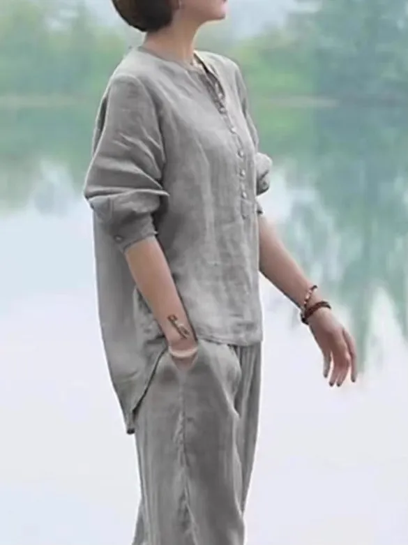 طقم ريترو زن من القطن والكتان irt طقم نسائي صيفي رقيق من Seven Sve بنطال ذو قصة أرجل واسعة مكون من قطعتين مريح للتنفس