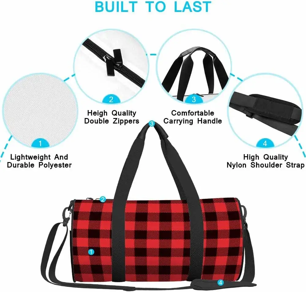 Red Black Plaid Sports Duffle Bag Buffalo Check Lumberjack Tartan Gingham Weekender Bag for Travel Tote Gym Bag Shoulder Bag