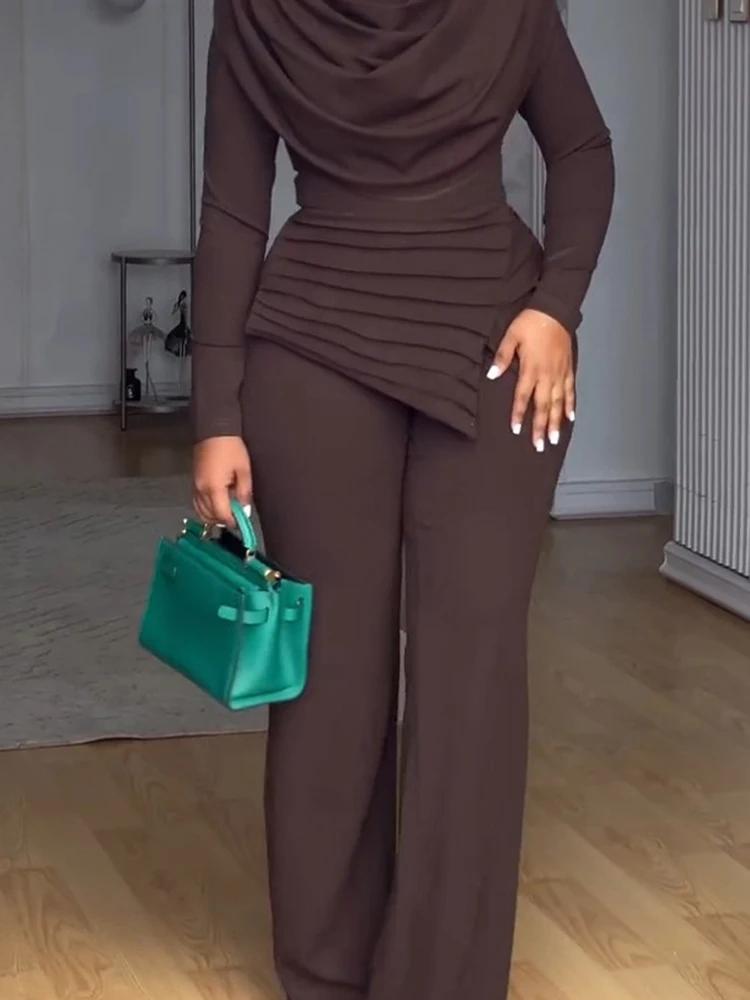 

Модные однотонные женские простые комплекты для поездок на работу, осенние новые облегающие женские наряды, повседневные плиссированные топы и комбинезоны нестандартной формы, комплекты