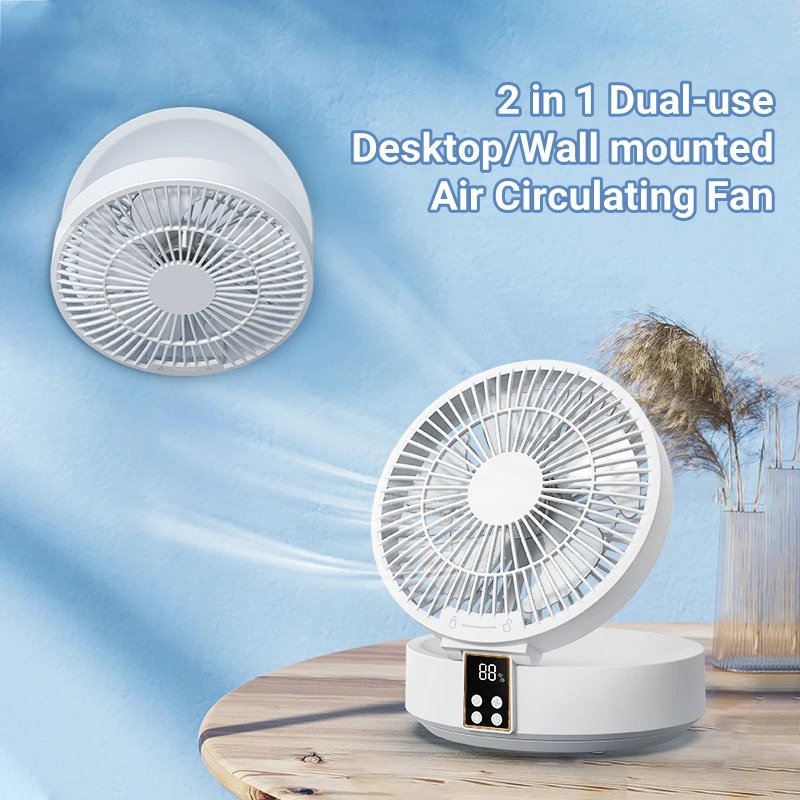 Ventilateur de refroidissement à air en surpoids mural sans fil avec lumière LED, ventilateur de table électrique pliant, télécommande sans poinçon