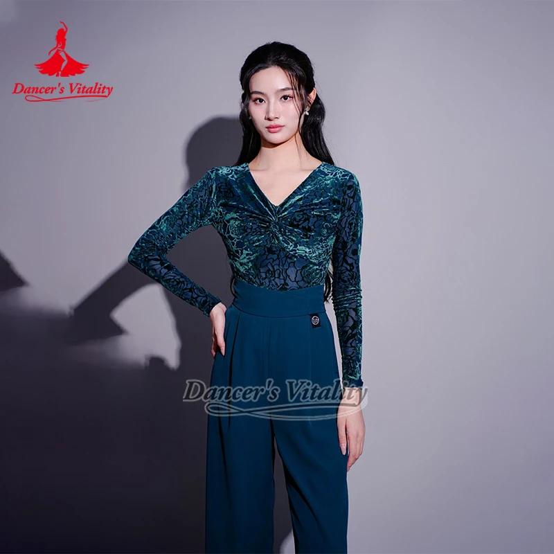 Rumba Waltz Foxtrot Blackish Green Flocked Material Professional Practise Outfit Matching Ballroom Dance V-neck Training Tops