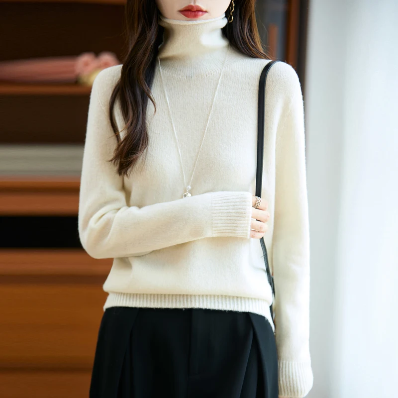 

Simple Style 100% Merino Wool Sweater Autumn Winter Turtleneck Pullover Women Long Sleeve Knitwear Elegant Clothing Tops