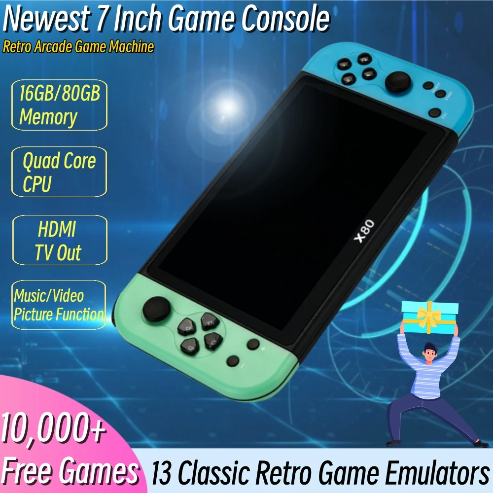 

10000 Бесплатная игра портативная игровая консоль 7 дюймов экран 16 ГБ 80 ГБ для PS1 MAME портативная Ретро видео игровая машина мальчик подарок для детей