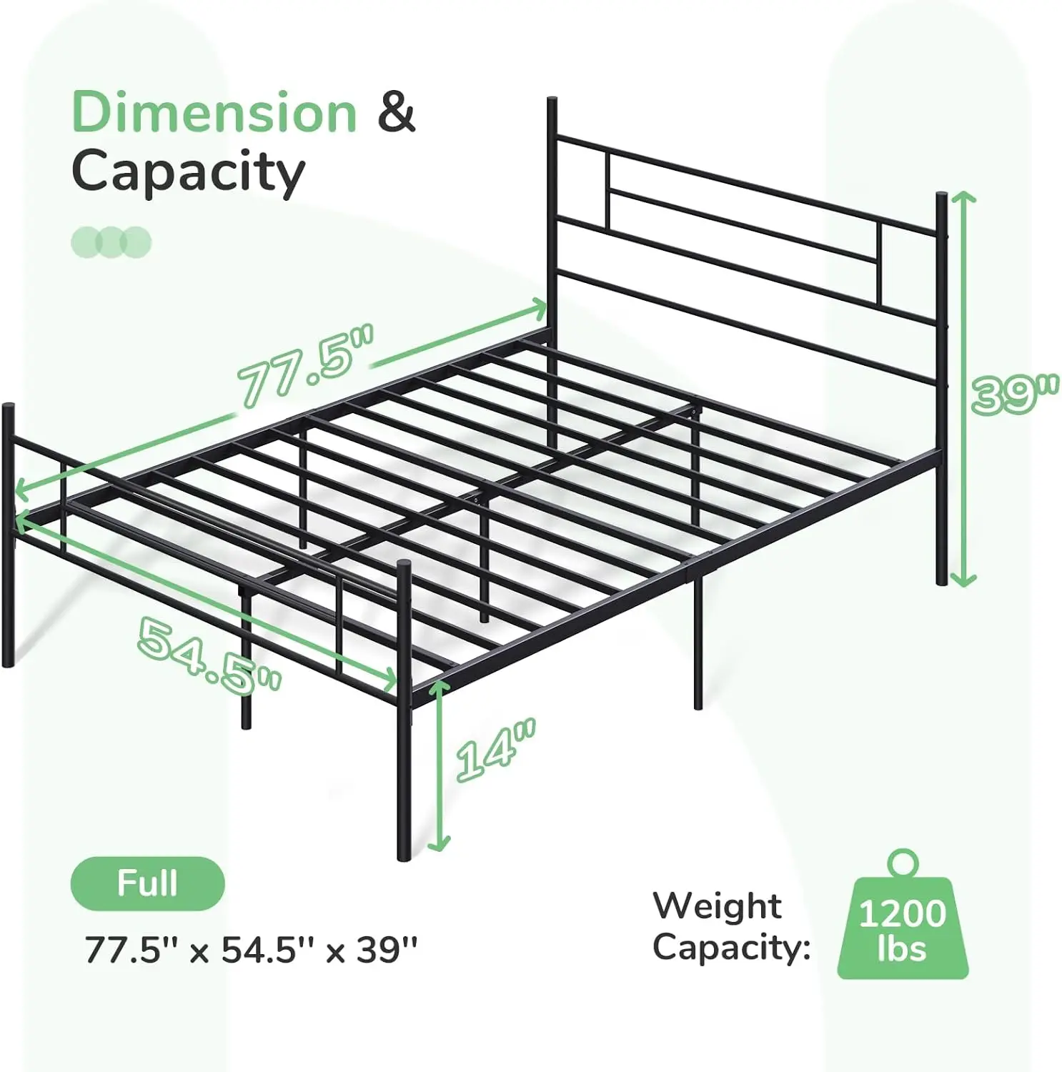 Metal Full Size Bed Frame, Headboard, Footboard, 14' Platform, Storage, No Box Spring, Strong Metal Slats