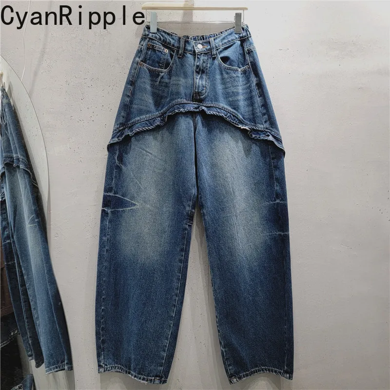 Large Size 2026 New Spring Autumn Women Wide Leg Jeans Vintage Faux Two-piece Patchwork Floor-length Casual Long Denim Pants