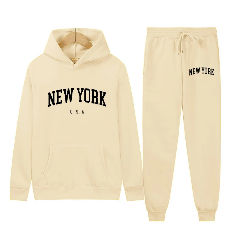 New York Letter U.S.A City Hoodies + Pants 2 Pieces Sets Men Fashion Sweatshirts Women Casual Hooded Pullovers Sportwear Suit