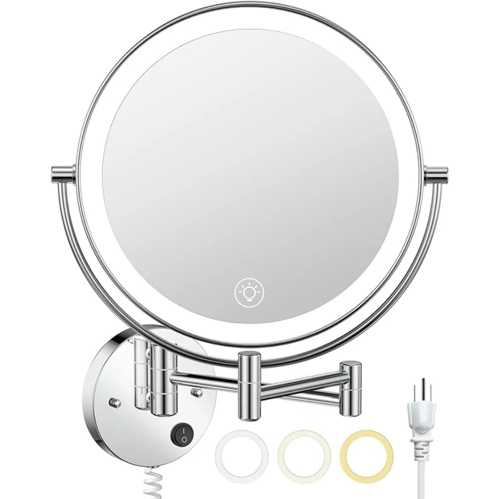 

Benbilry 9" Lighted Wall Mounted Makeup Mirror with Magnification 10X, 3 Color Lights & Adjustable Brightness, 360° Swivel Large