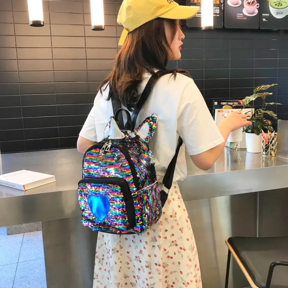 Mochilas de cuero PU para mujer, bolsos escolares de lentejuelas coloridas versátiles, bolsos de estudiantes, mochila informal de gran capacidad, moda femenina