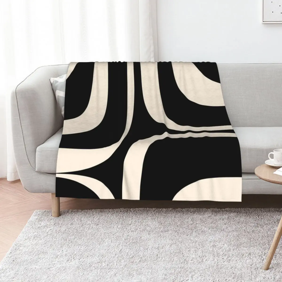 Retro Groove Abstract Minimal Pattern Black and Almond Cream Throw Blanket Cute Plaid blankets ands Extra Large Throw Blankets
