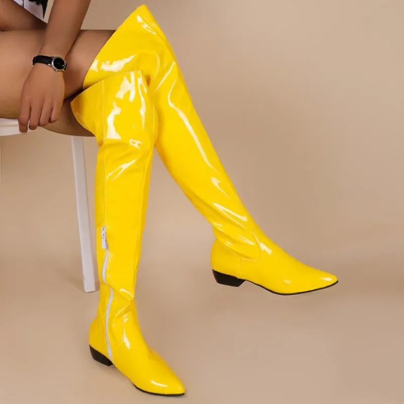 31-48 Knee High Boots Fashion Bohemia Candy Color 3.5cm Low Heel Patent Leather Side Zipper Womens Boots Solid Shoes for Woman