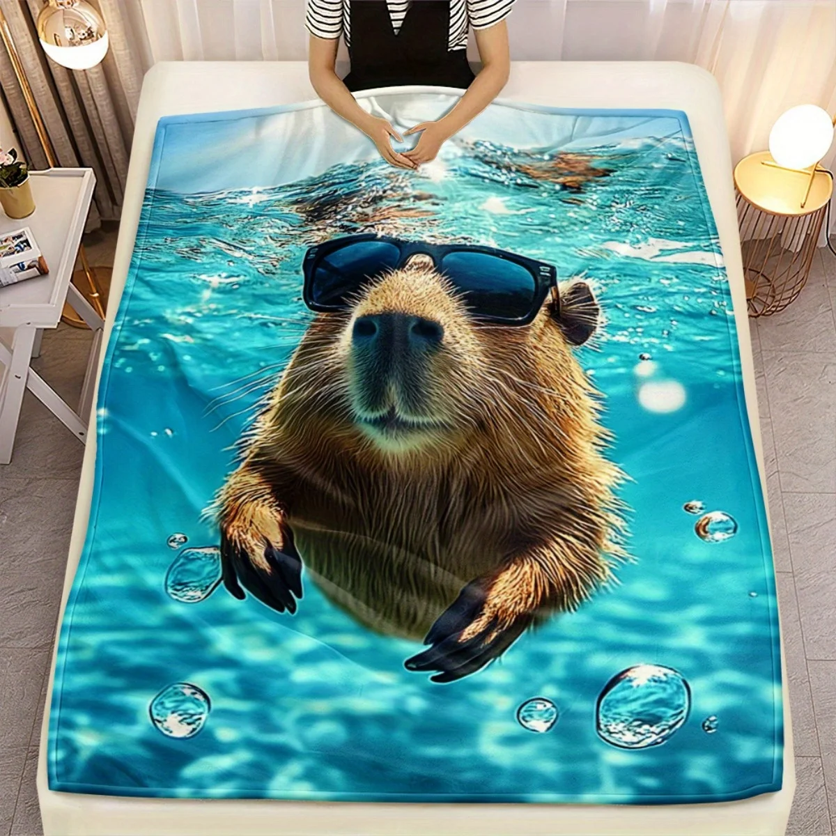 Cool capybara wearing sunglasses swimming water bubbles flannel blanket funny animal design soft cozy blanket for summer fun